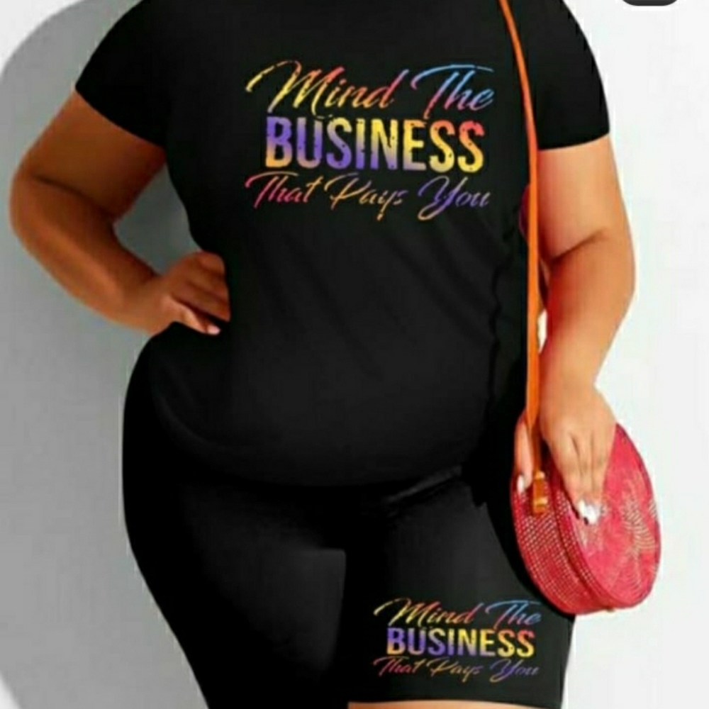 Plus Size Biker Short Sets (Mind The Business That Pays You Logo)
